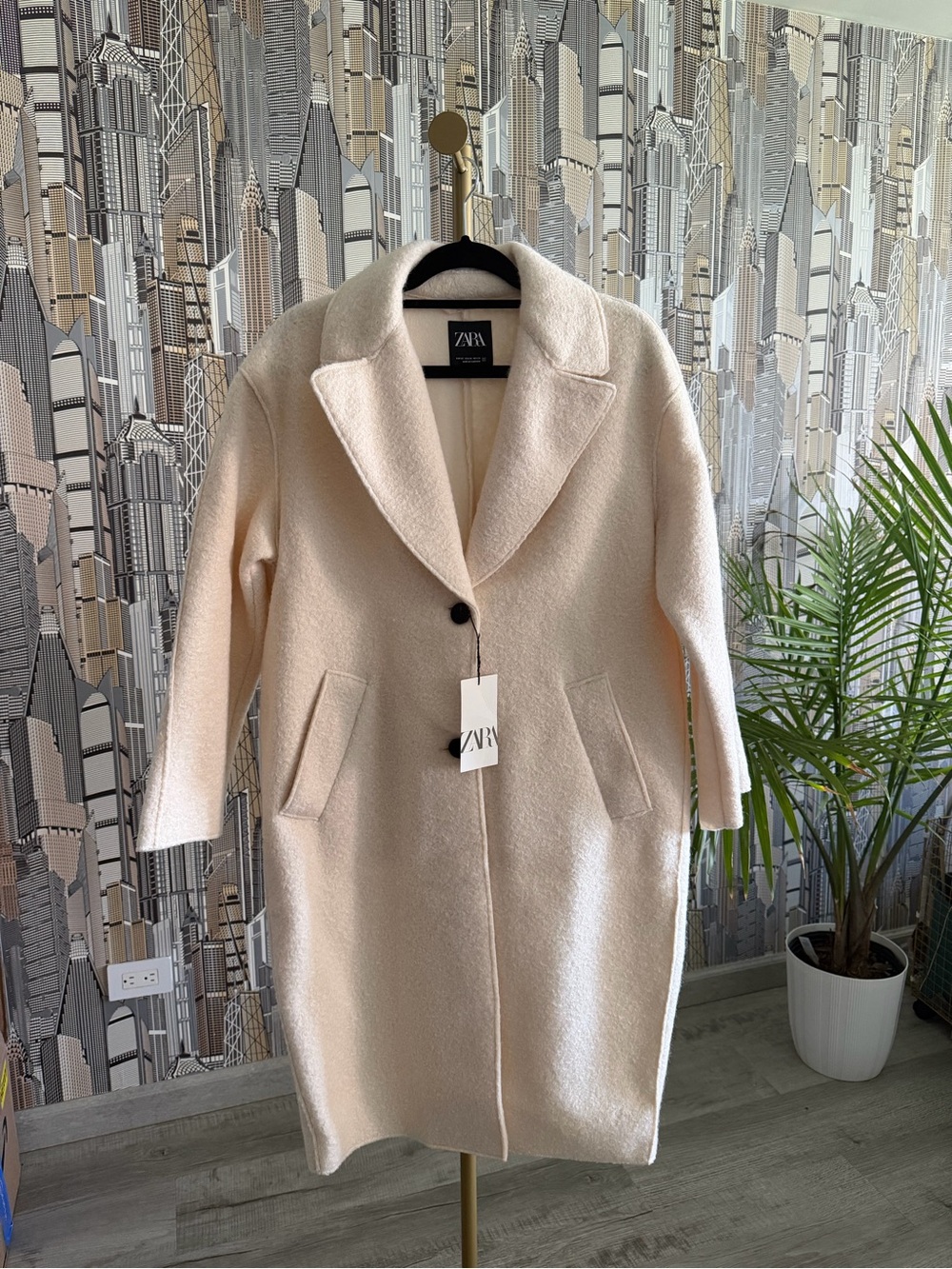Zara Cream Single-Button Longline Pea Coat